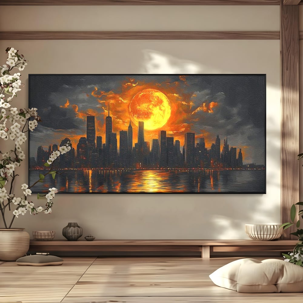 Tablou canvas cu tablou canvas cu apus de soare deasupra metropolei, in rama de aluminiu negru